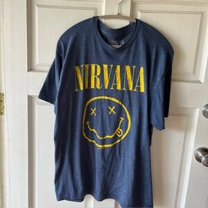 Nirvana Tshirt Heather Blue, Gold Graphic, XL 24” Chest, Worn With Love, Soft!